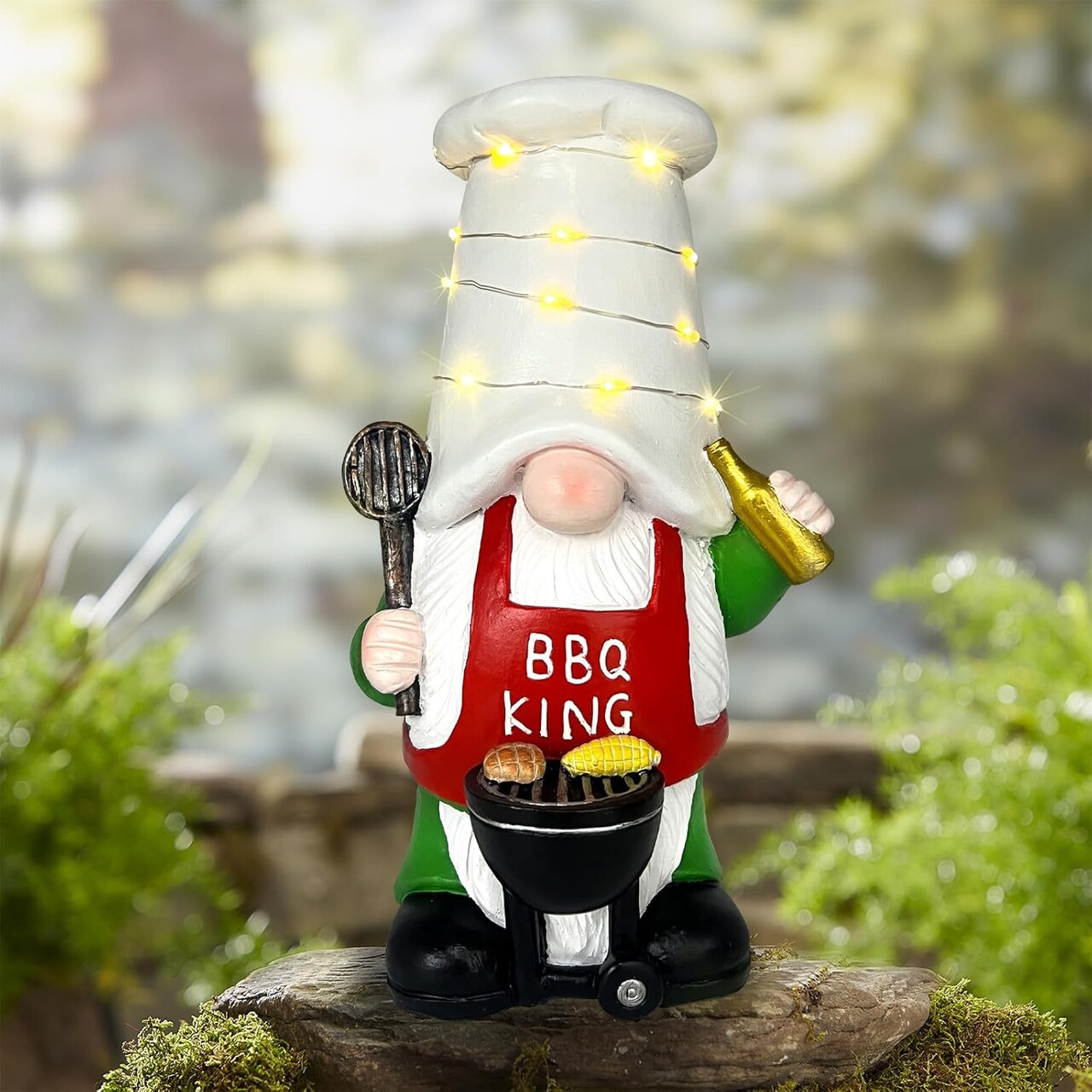 Garden Gnome Statues Outdoor Decor, Solar Powered Outdoor Gnome with BBQ Grill Decorative Yard Garden Lights Art Gifts with 11 Warm White LEDs